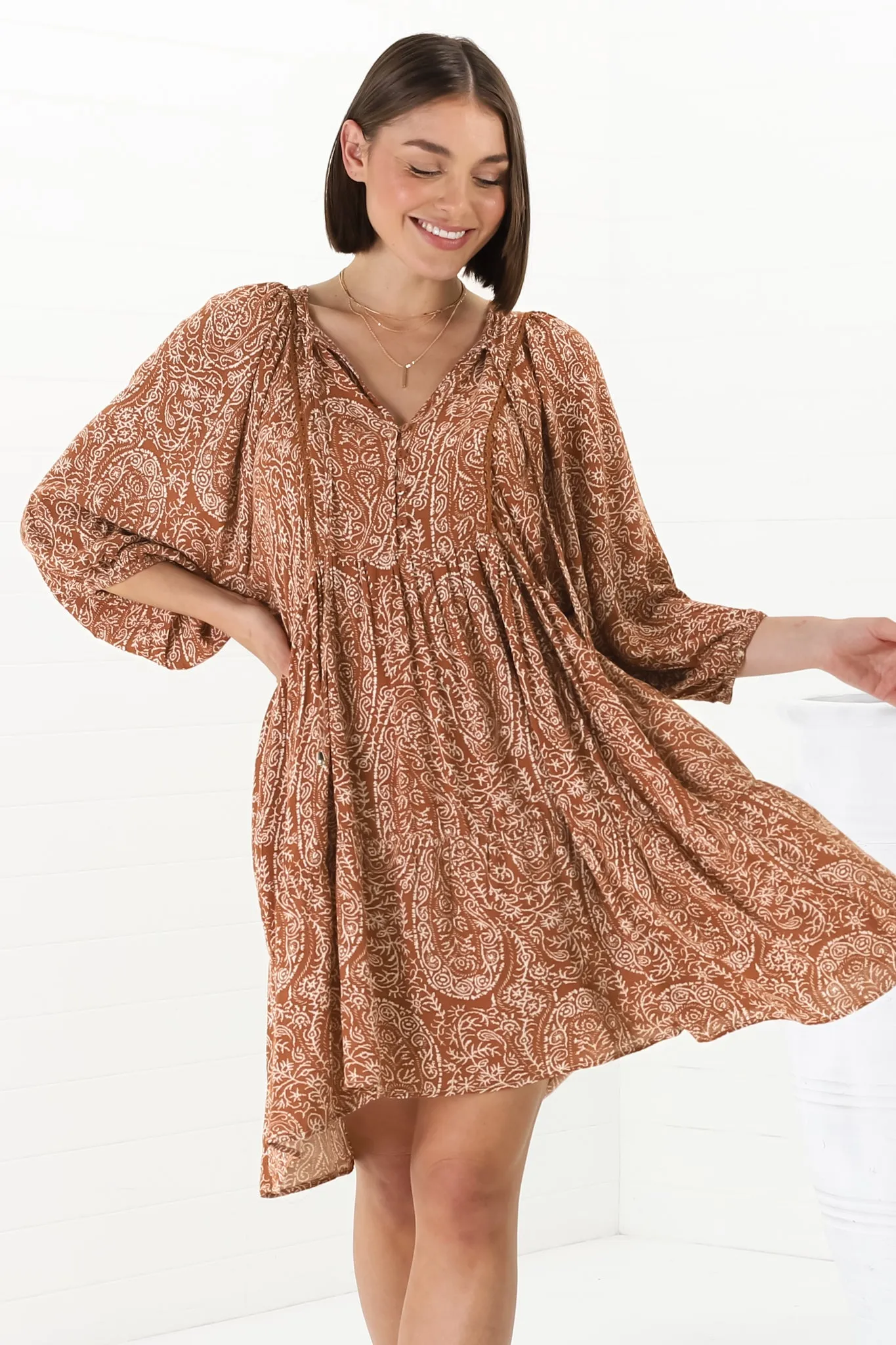 Juddy Mini Dress - Batwing Sleeve Smock Dress with Lace Detailing in Khalid Print Rust sold by Salty Crush product image thumbnail 4