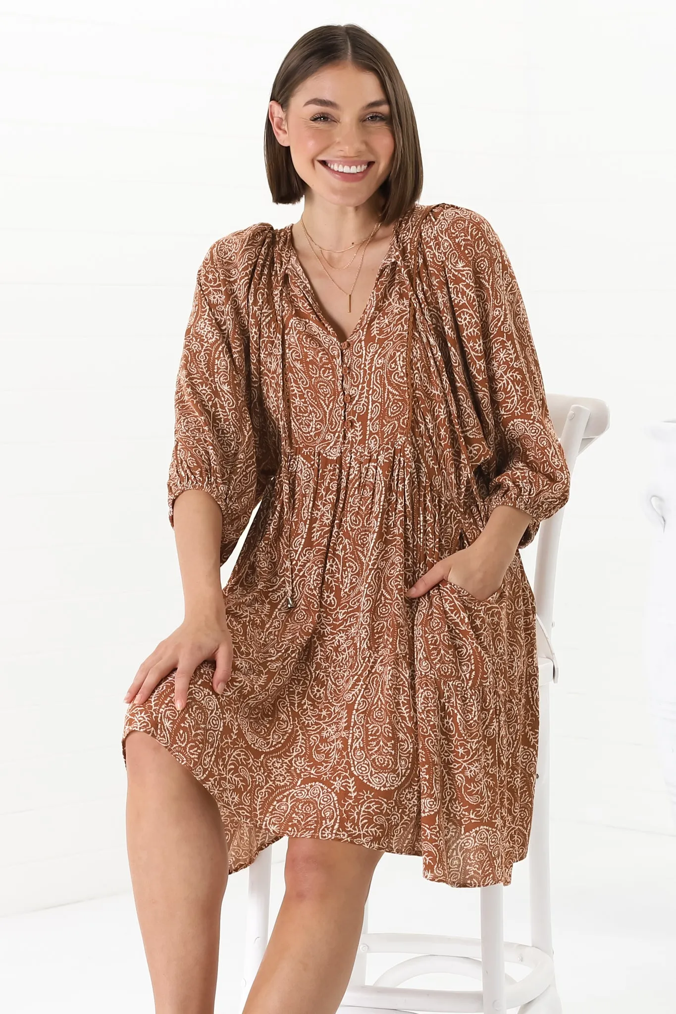 Juddy Mini Dress - Batwing Sleeve Smock Dress with Lace Detailing in Khalid Print Rust sold by Salty Crush product image thumbnail 3