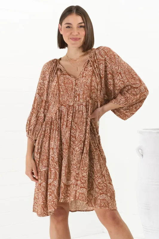 Juddy Mini Dress - Batwing Sleeve Smock Dress with Lace Detailing in Khalid Print Rust sold by Salty Crush
