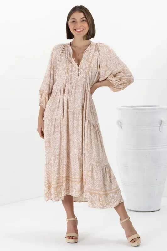 Kamali Midi Dress - Batwing Sleeve Smock Dress with Lace Detailing in Harley Print Beige sold by Salty Crush