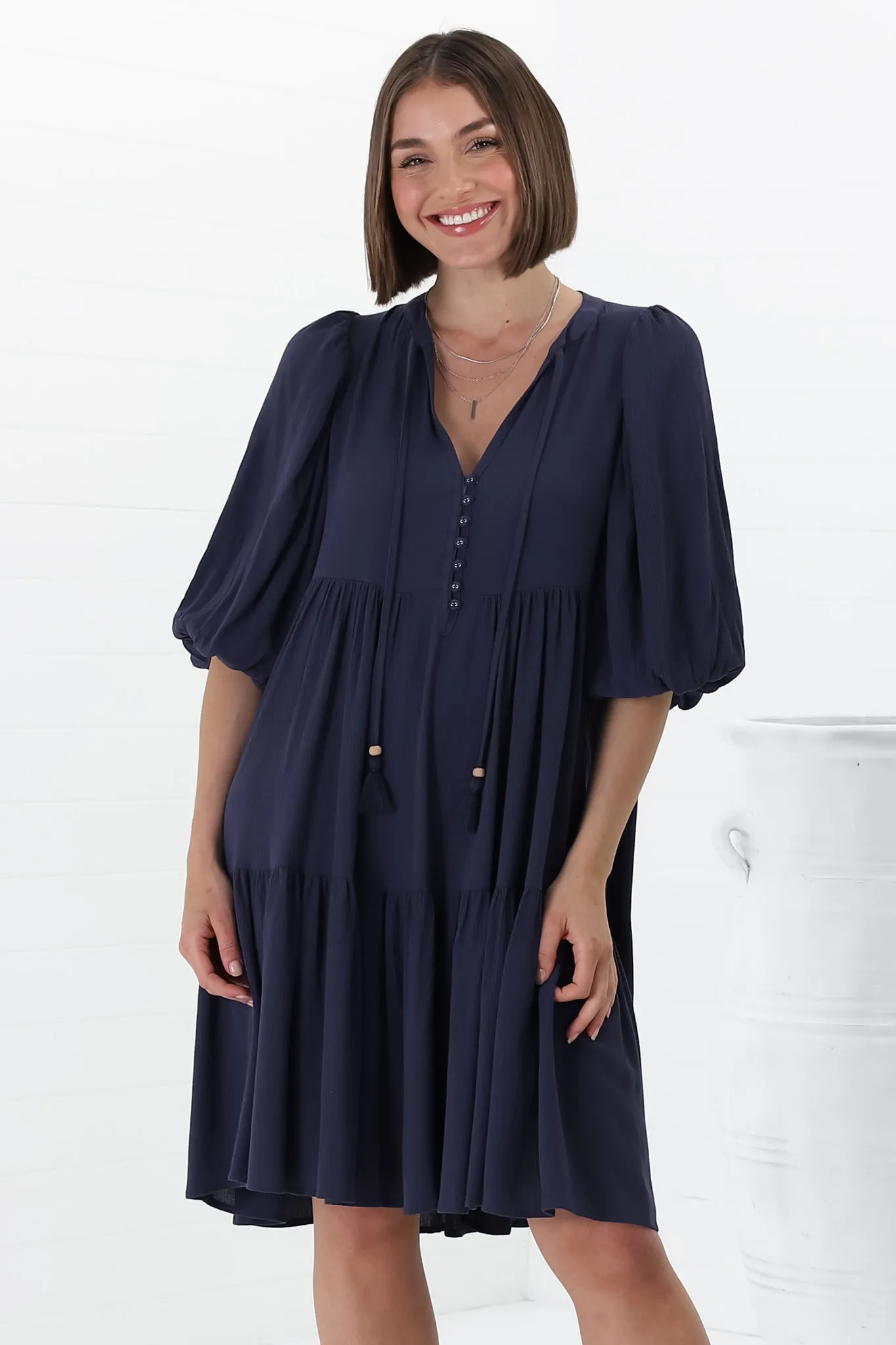 Elkie Mini Dress - Tiered Smock Dress with Balloon Sleeves in Blue sold by Salty Crush product image thumbnail 4