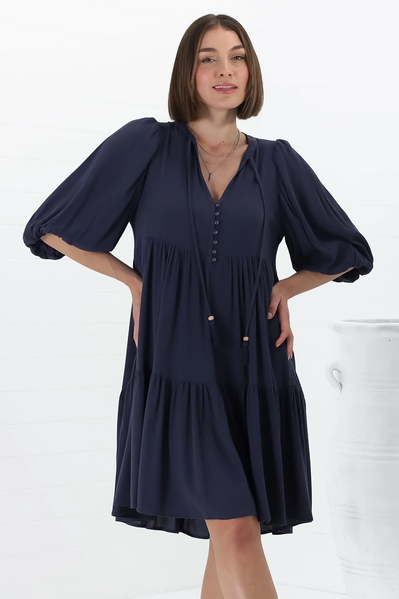 Elkie Mini Dress - Tiered Smock Dress with Balloon Sleeves in Blue sold by Salty Crush product image thumbnail 3