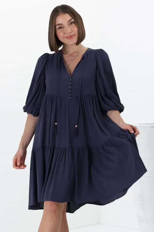 Elkie Mini Dress - Tiered Smock Dress with Balloon Sleeves in Blue sold by Salty Crush