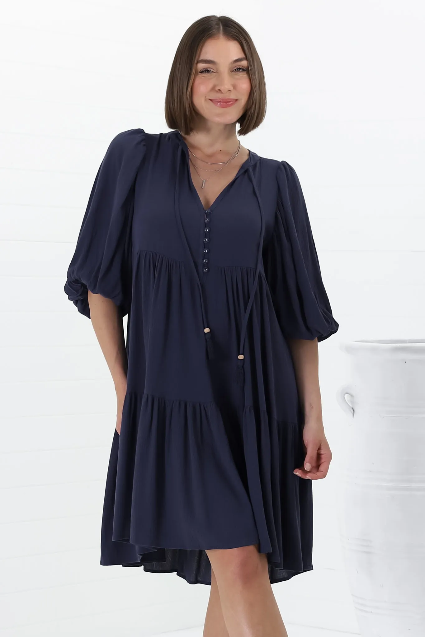 Elkie Mini Dress - Tiered Smock Dress with Balloon Sleeves in Blue sold by Salty Crush product image thumbnail 5