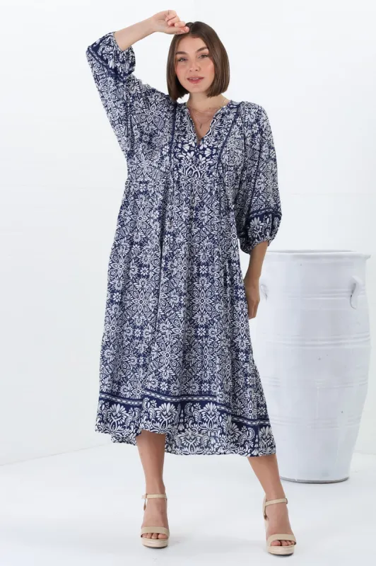 Kamali Midi Dress - Batwing Sleeve Smock Dress with Lace Detailing in Harley Print Blue sold by Salty Crush