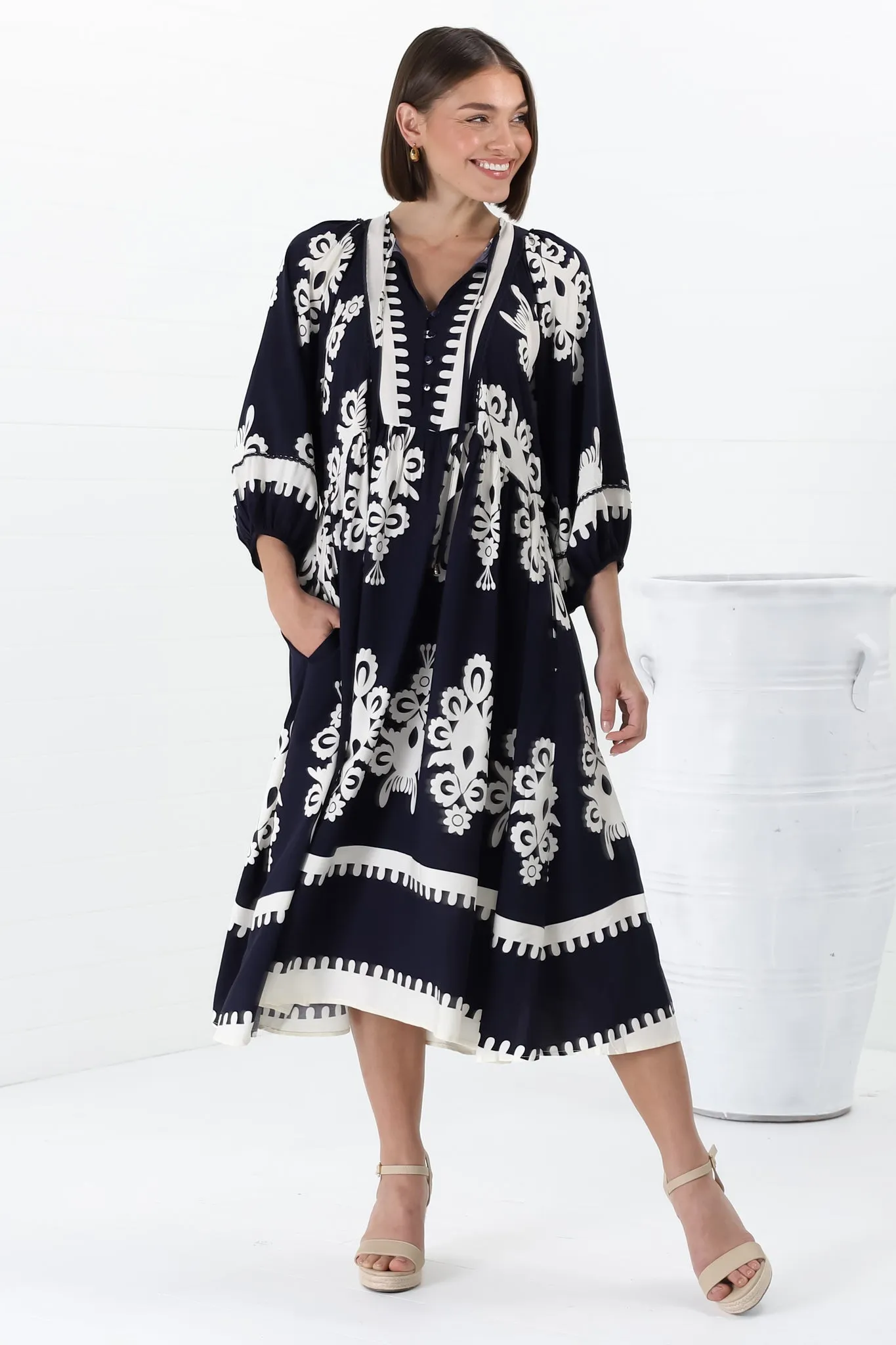 Kamali Midi Dress - Batwing Sleeve Smock Dress with Lace Detailing in Casper Print Navy sold by Salty Crush
