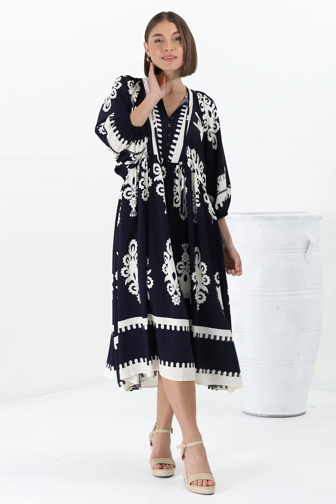 Kamali Midi Dress - Batwing Sleeve Smock Dress with Lace Detailing in Casper Print Navy sold by Salty Crush product image thumbnail 3