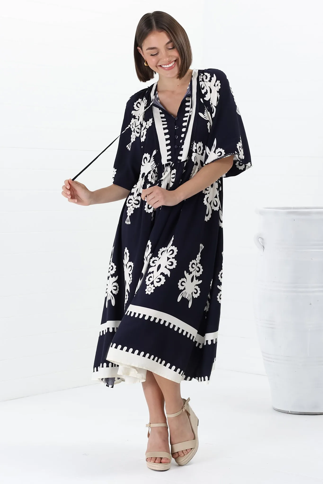 Kamali Midi Dress - Batwing Sleeve Smock Dress with Lace Detailing in Casper Print Navy sold by Salty Crush product image thumbnail 5