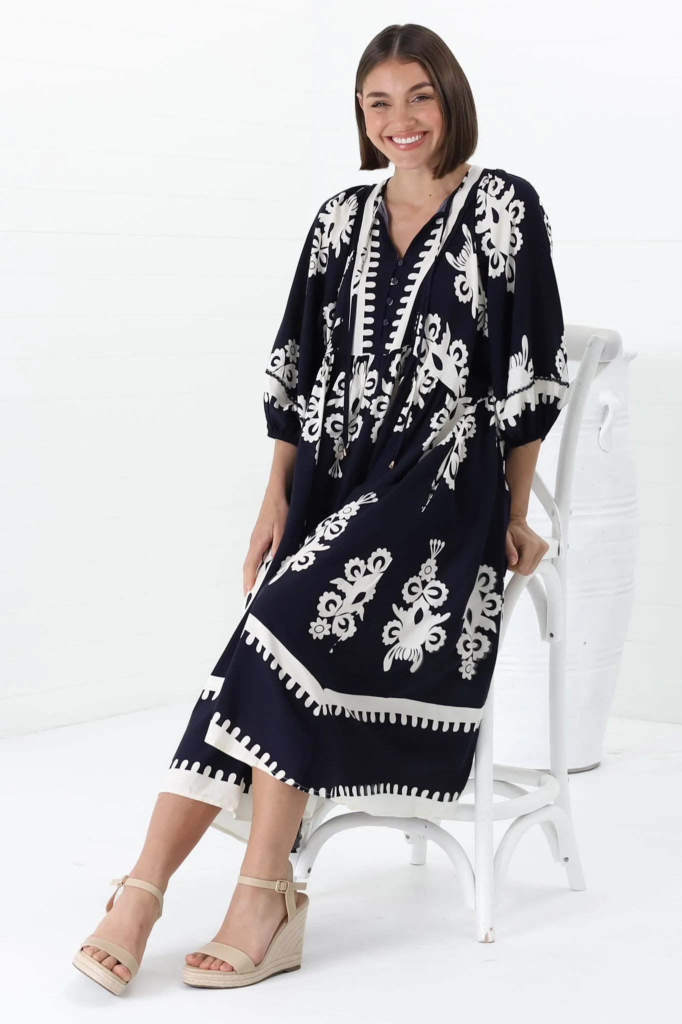 Kamali Midi Dress - Batwing Sleeve Smock Dress with Lace Detailing in Casper Print Navy sold by Salty Crush product image thumbnail 4