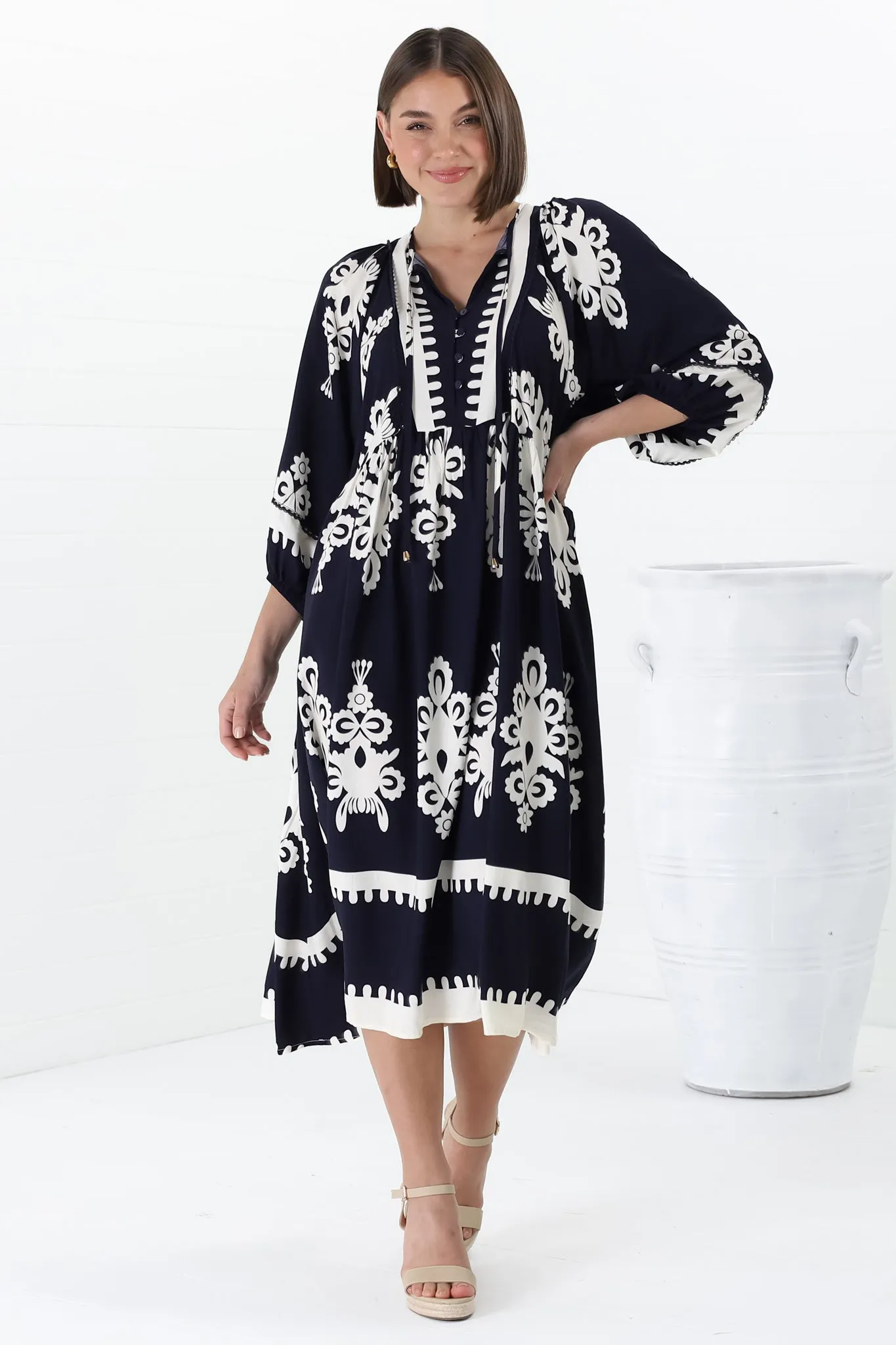 Kamali Midi Dress - Batwing Sleeve Smock Dress with Lace Detailing in Casper Print Navy sold by Salty Crush product image thumbnail 2