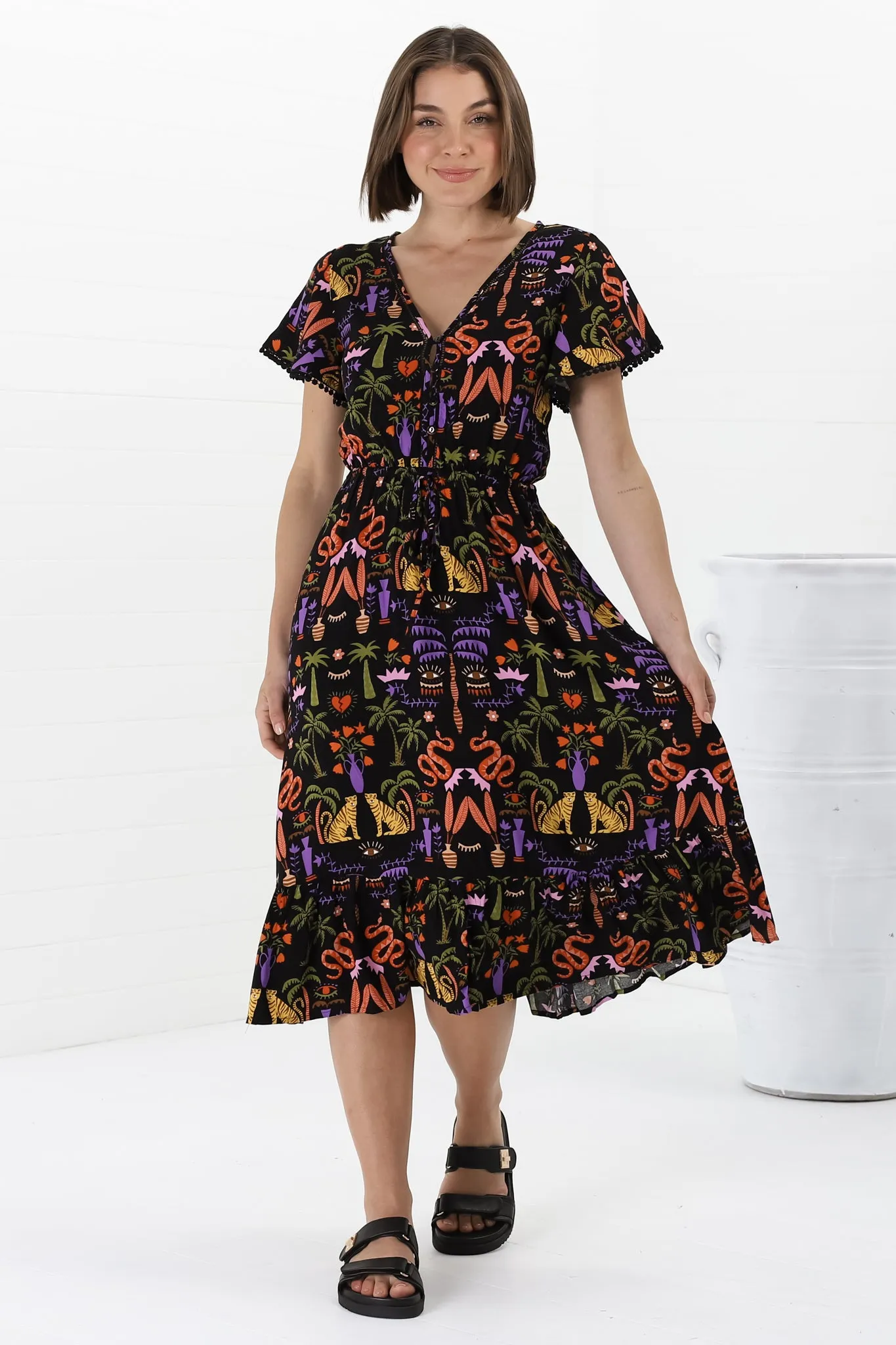 Marly Midi Dress - A Line Dress with Cap Sleeves and Rick Rack Splicing Ayla Print sold by Salty Crush product image thumbnail 3