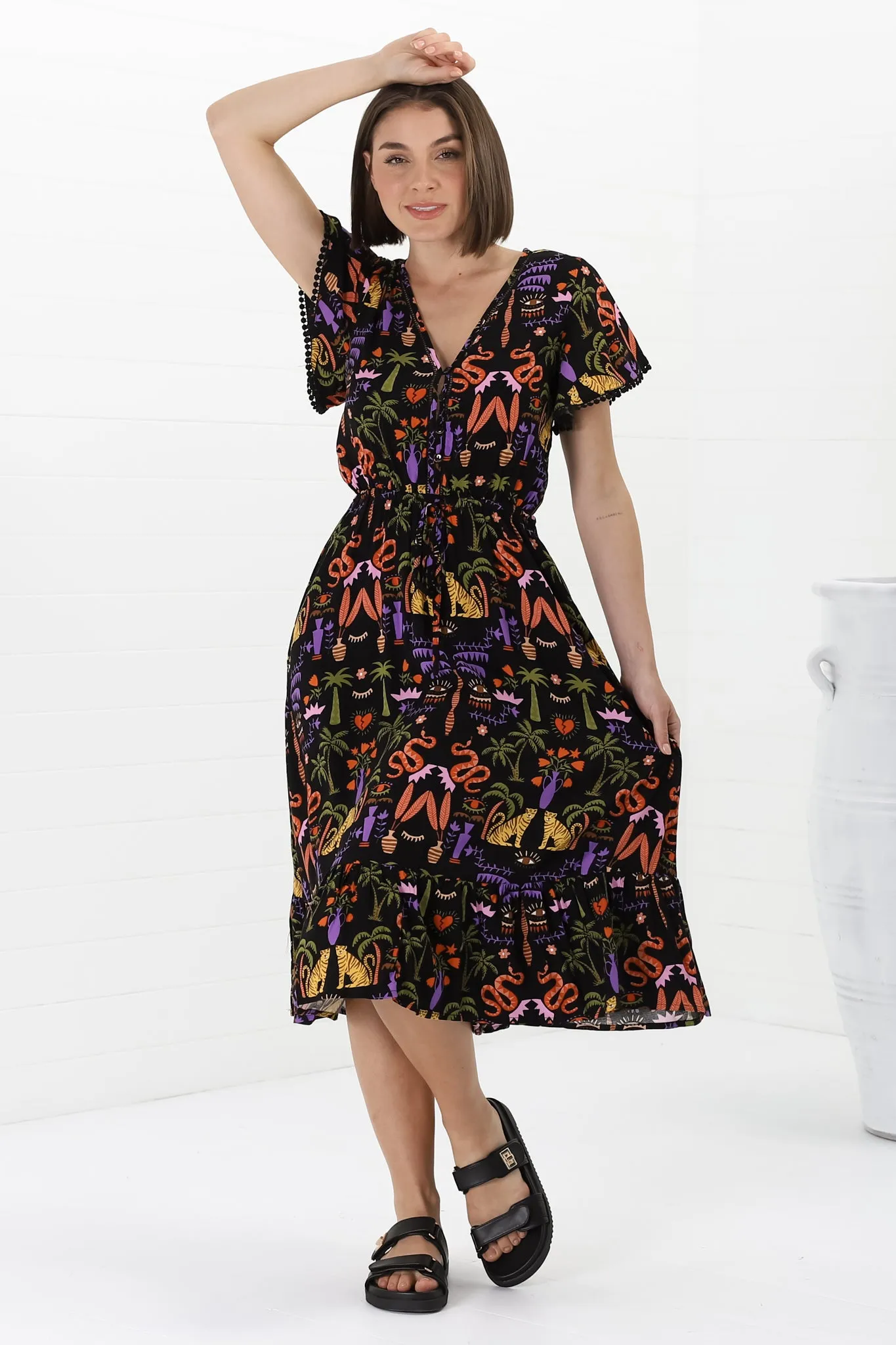 Marly Midi Dress - A Line Dress with Cap Sleeves and Rick Rack Splicing Ayla Print sold by Salty Crush product image thumbnail 5
