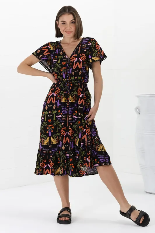 Marly Midi Dress - A Line Dress with Cap Sleeves and Rick Rack Splicing Ayla Print sold by Salty Crush