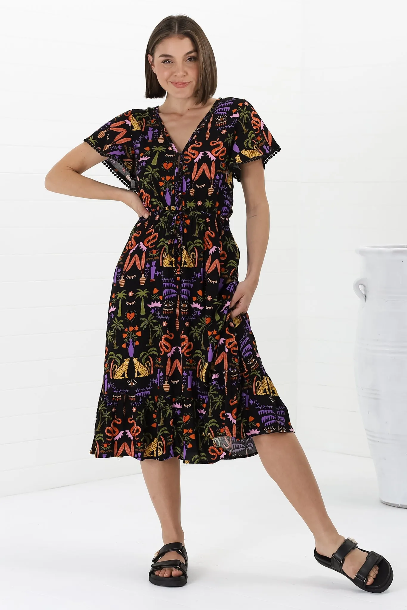 Marly Midi Dress - A Line Dress with Cap Sleeves and Rick Rack Splicing Ayla Print sold by Salty Crush