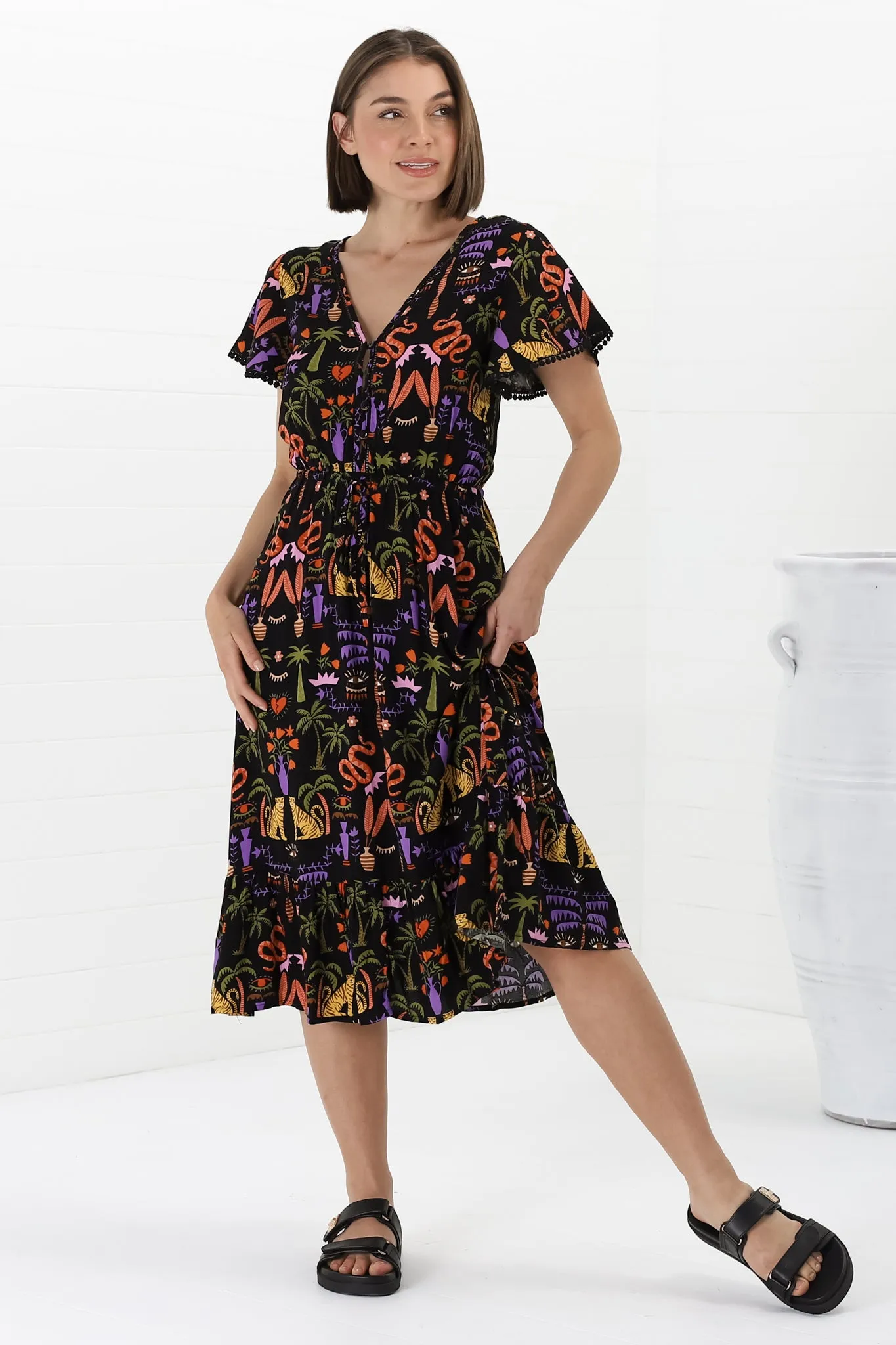 Marly Midi Dress - A Line Dress with Cap Sleeves and Rick Rack Splicing Ayla Print sold by Salty Crush product image thumbnail 4