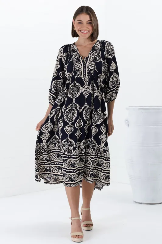 Kamali Midi Dress - Batwing Sleeve Smock Dress with Lace Detailing in Belle Print Navy sold by Salty Crush