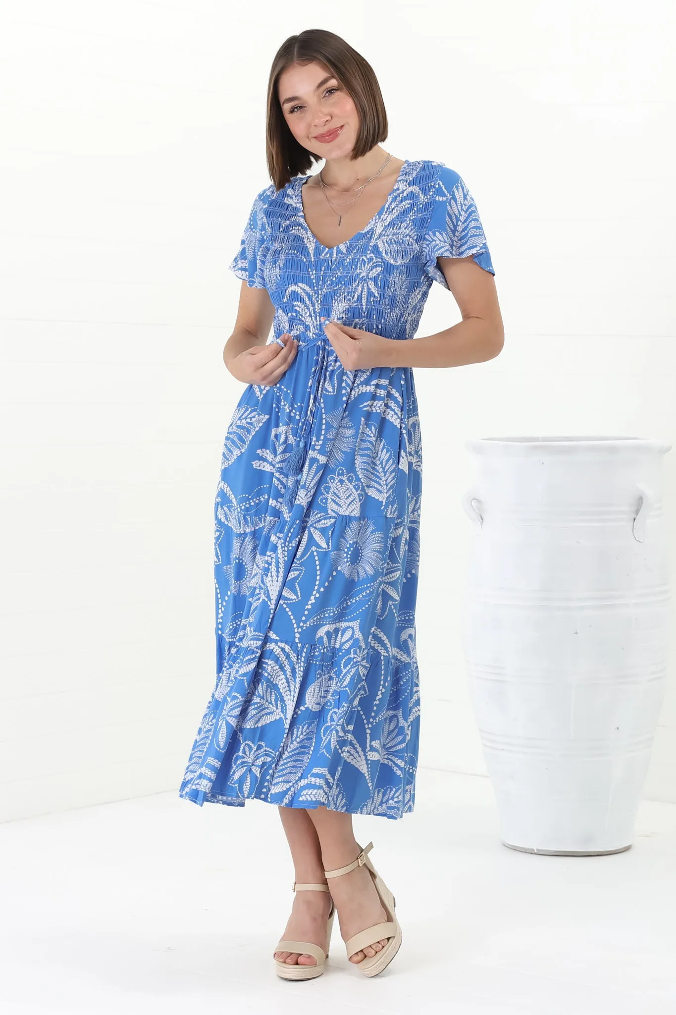 Amaya Midi Dress - Shirred Cap Sleeve A Line Dress in Havanna Print Blue sold by Salty Crush product image thumbnail 4