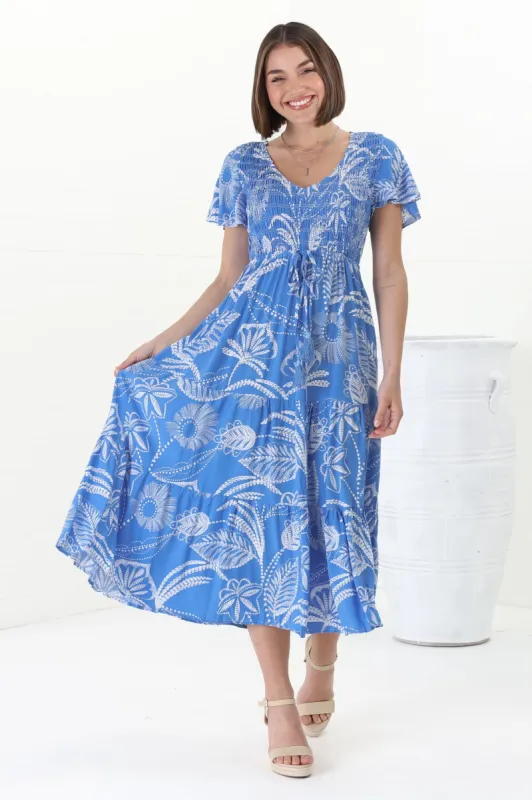 Amaya Midi Dress - Shirred Cap Sleeve A Line Dress in Havanna Print Blue sold by Salty Crush