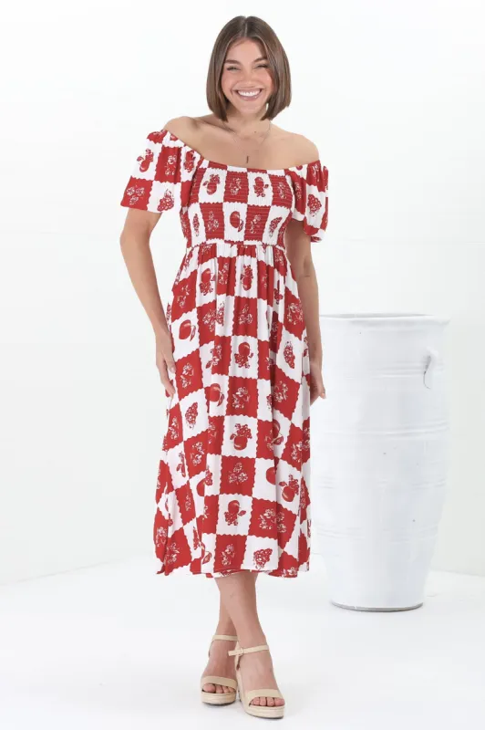Shira Midi Dress - On Or Off Shoulder Elasticated Bodice Dress With Short Balloon Sleeves In Flux Print Red sold by Salty Crush
