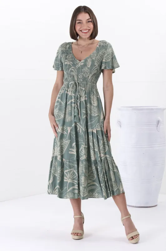 Amaya Midi Dress - Shirred Cap Sleeve A Line Dress in Havanna Print Green sold by Salty Crush