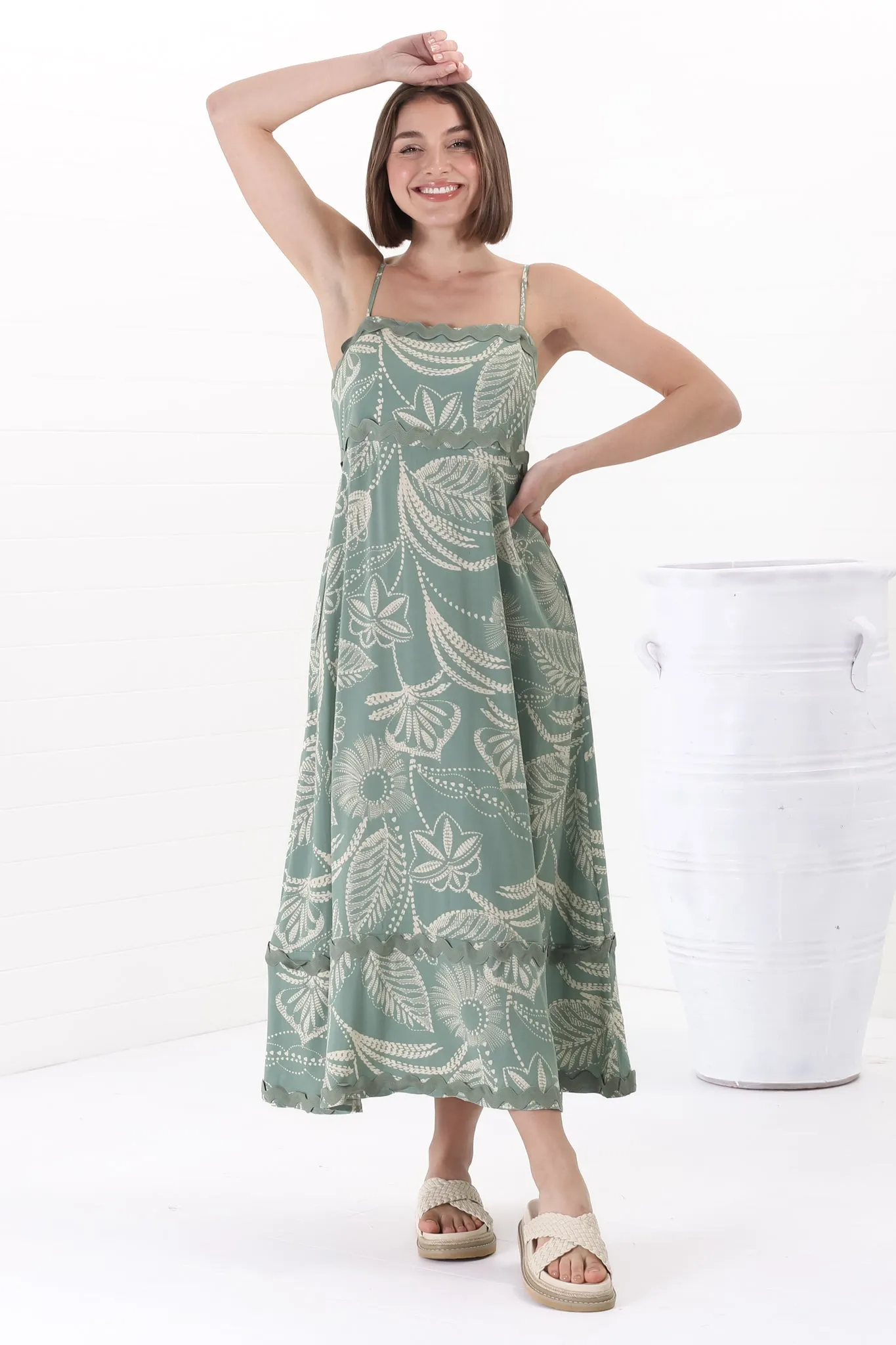Marlin Midi Dress - Rick Rack Splicing Sun Dress with Adjustable Straps in Havanna Print Green sold by Salty Crush product image thumbnail 4