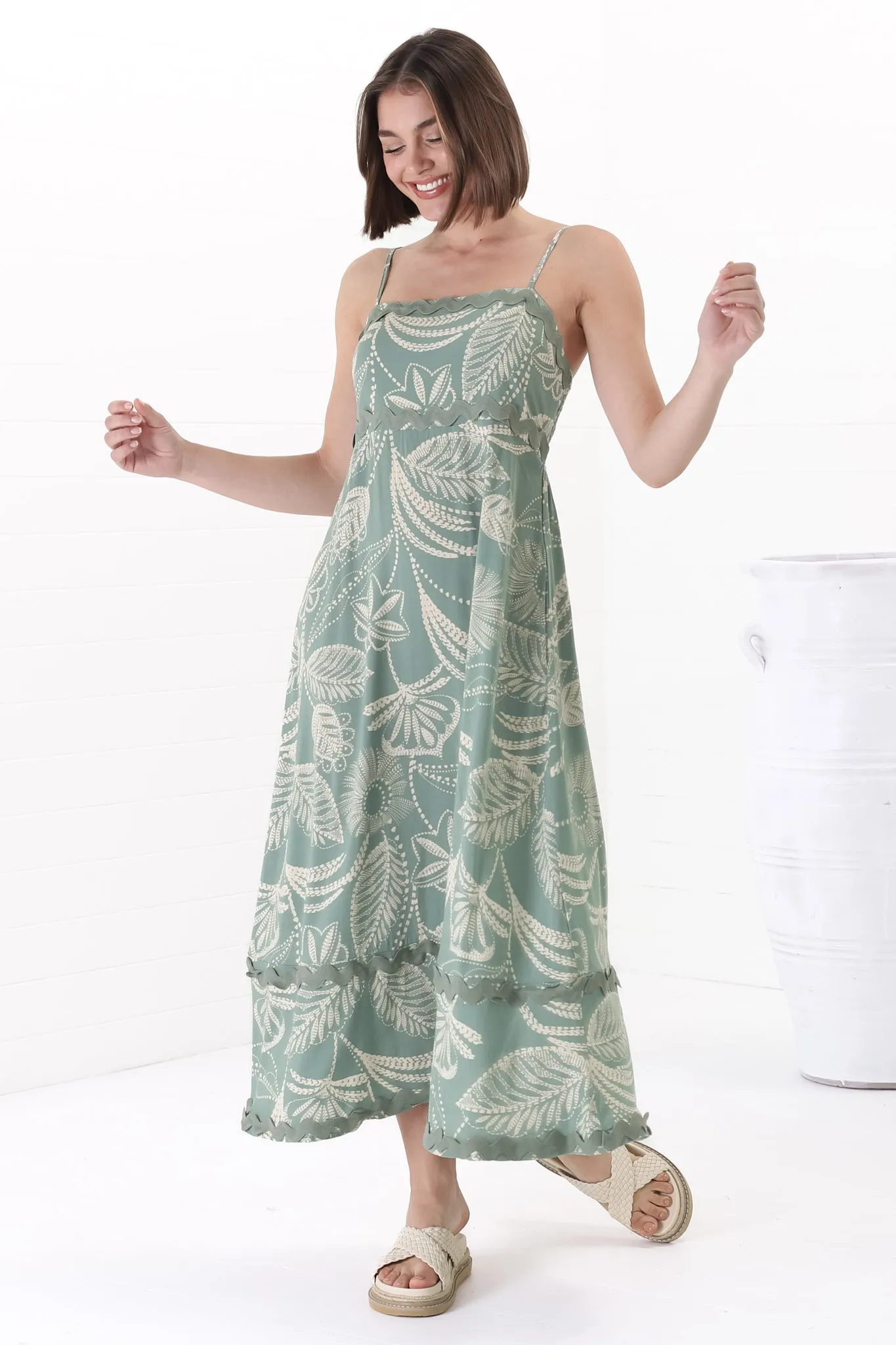 Marlin Midi Dress - Rick Rack Splicing Sun Dress with Adjustable Straps in Havanna Print Green sold by Salty Crush product image thumbnail 5