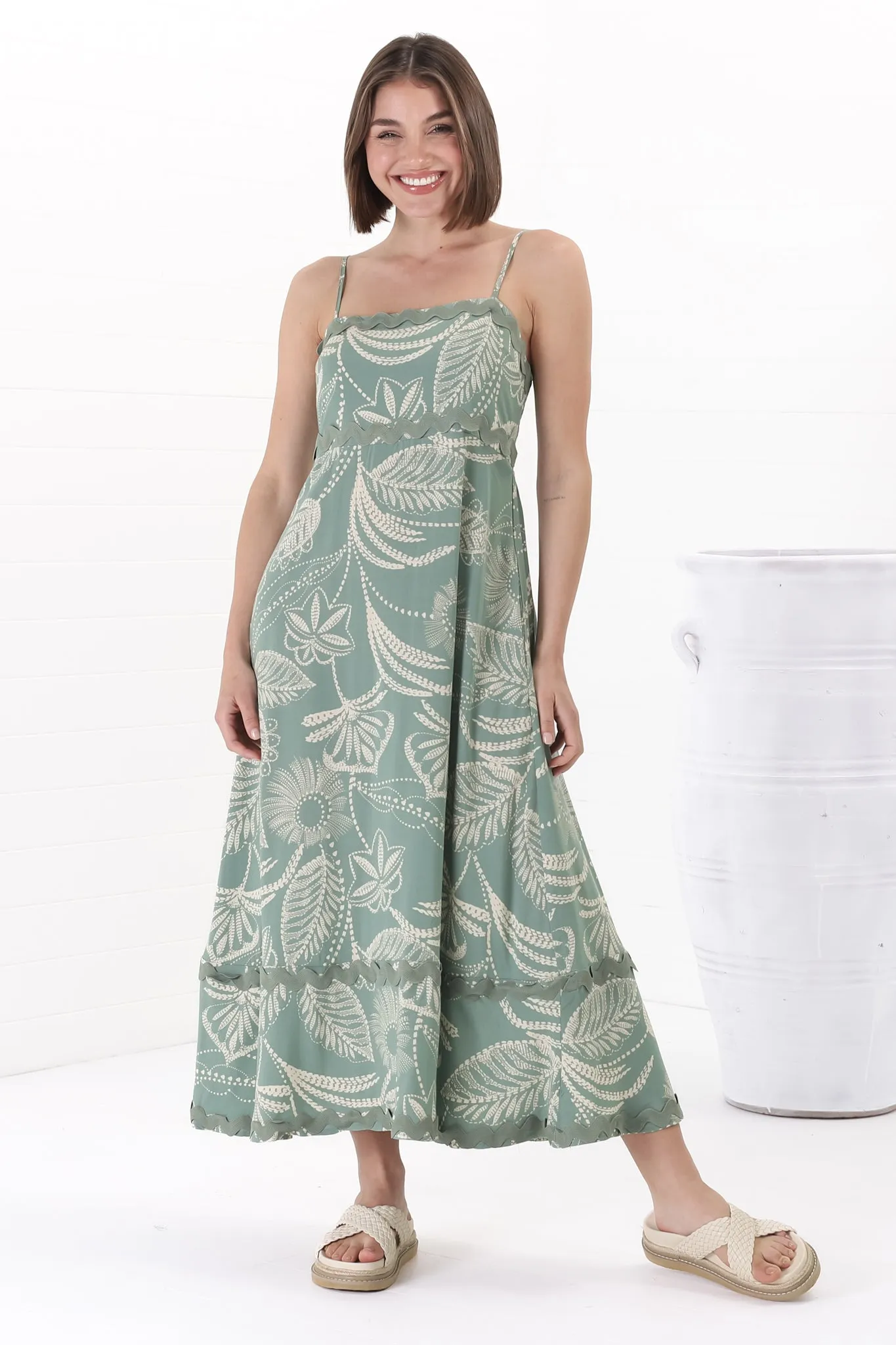 Marlin Midi Dress - Rick Rack Splicing Sun Dress with Adjustable Straps in Havanna Print Green sold by Salty Crush