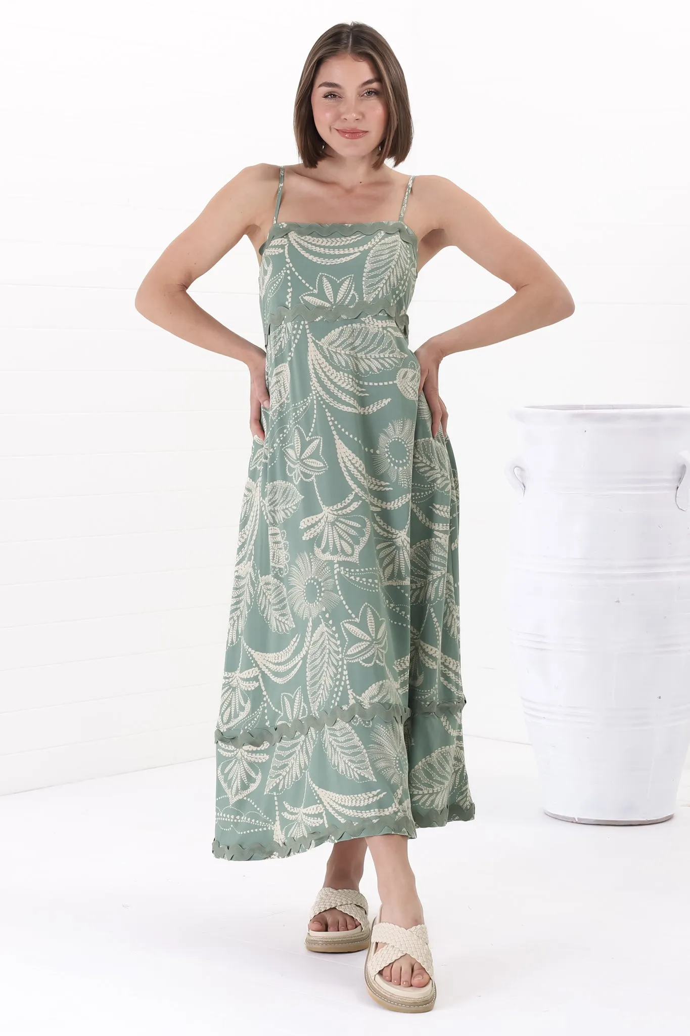 Marlin Midi Dress - Rick Rack Splicing Sun Dress with Adjustable Straps in Havanna Print Green sold by Salty Crush product image thumbnail 2