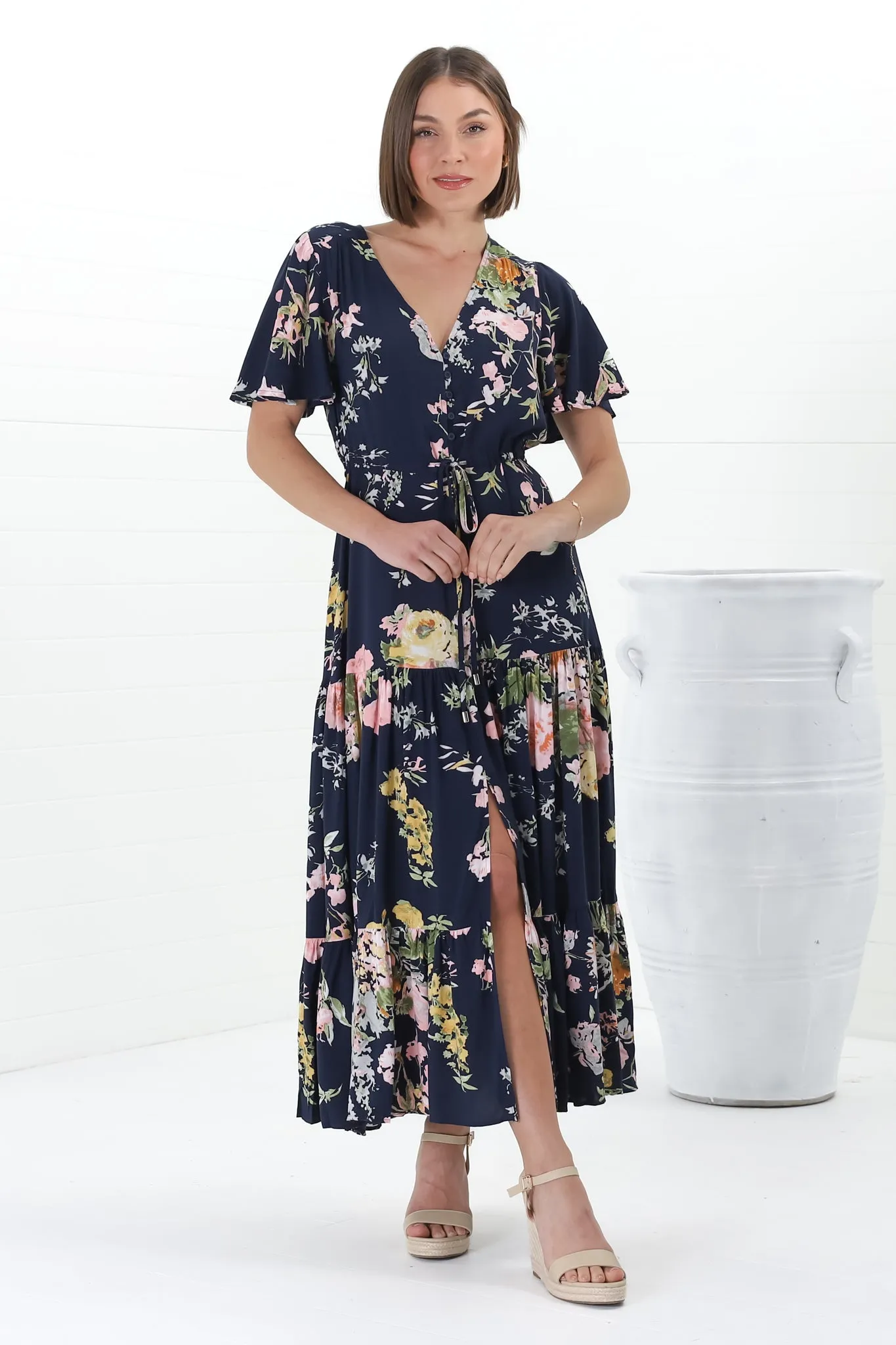 Anya Maxi Dress - Flutter Cap Sleeve Pull Tie Waist Dress in Lidye Print sold by Salty Crush product image thumbnail 5