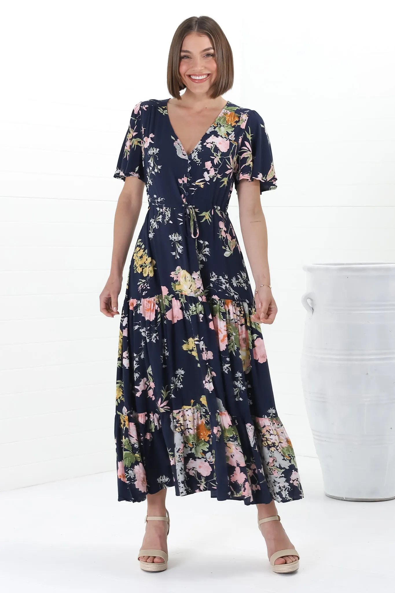 Anya Maxi Dress - Flutter Cap Sleeve Pull Tie Waist Dress in Lidye Print sold by Salty Crush product image thumbnail 3
