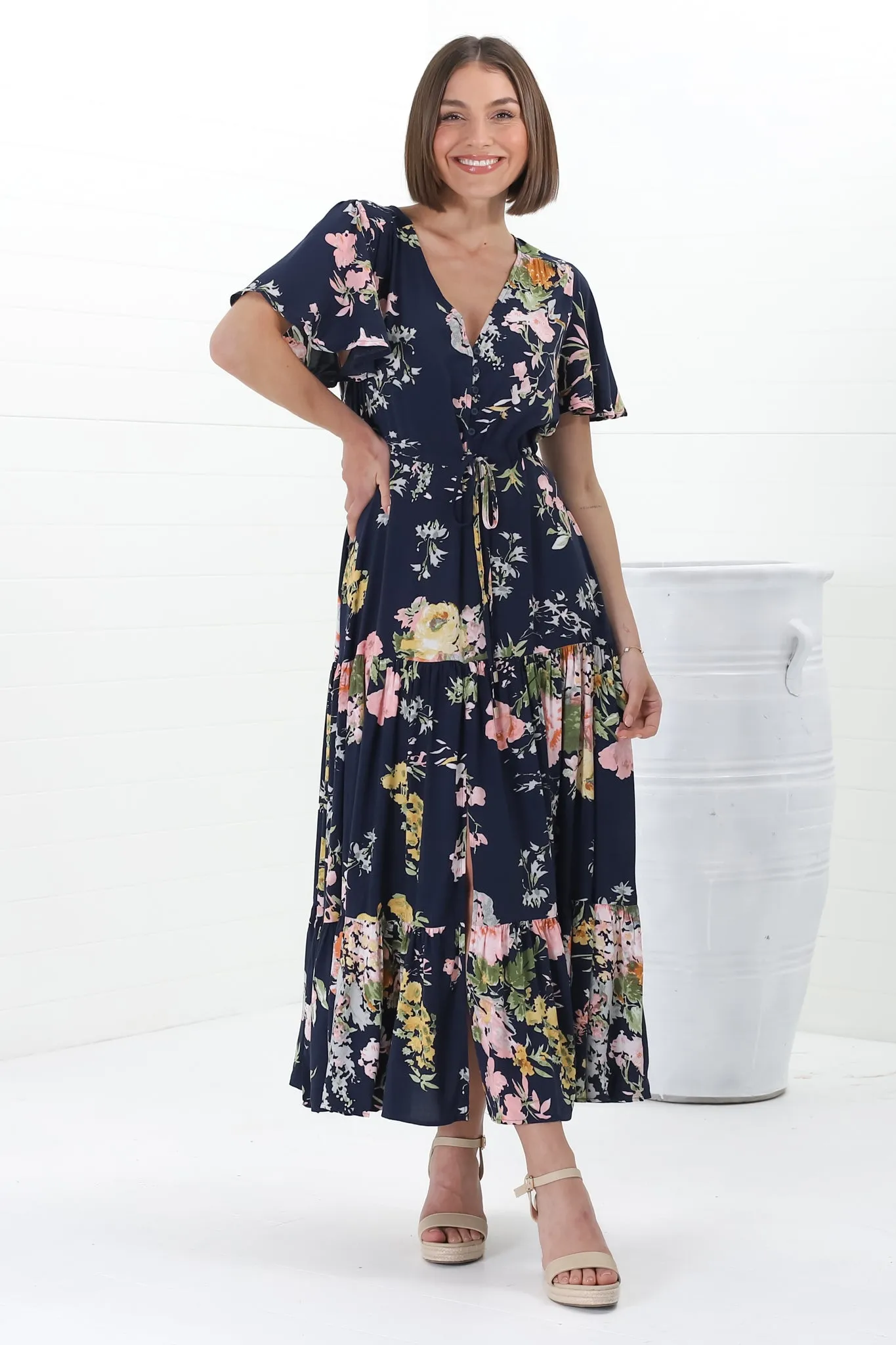 Anya Maxi Dress - Flutter Cap Sleeve Pull Tie Waist Dress in Lidye Print sold by Salty Crush product image thumbnail 2