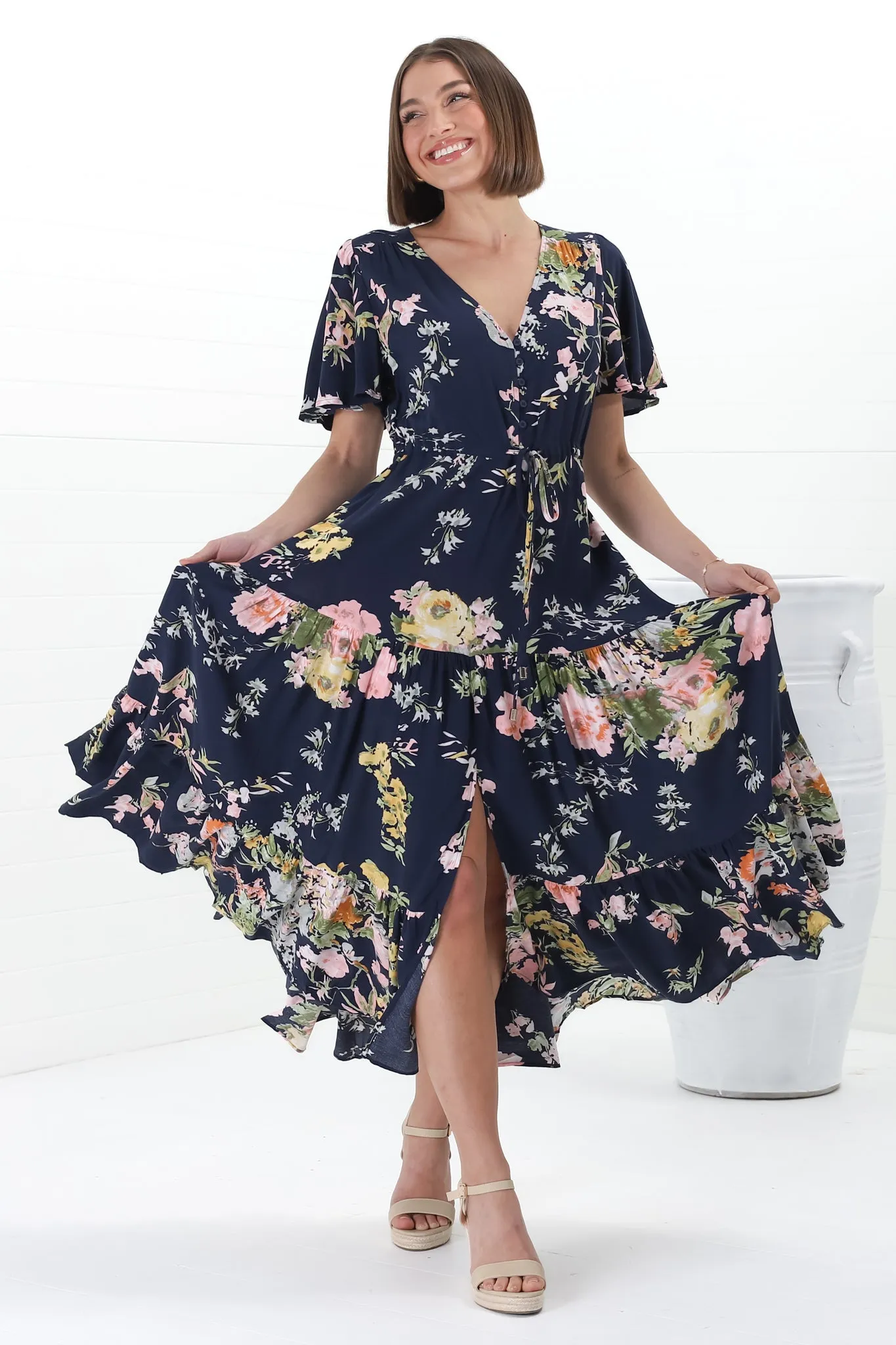 Anya Maxi Dress - Flutter Cap Sleeve Pull Tie Waist Dress in Lidye Print sold by Salty Crush product image thumbnail 4