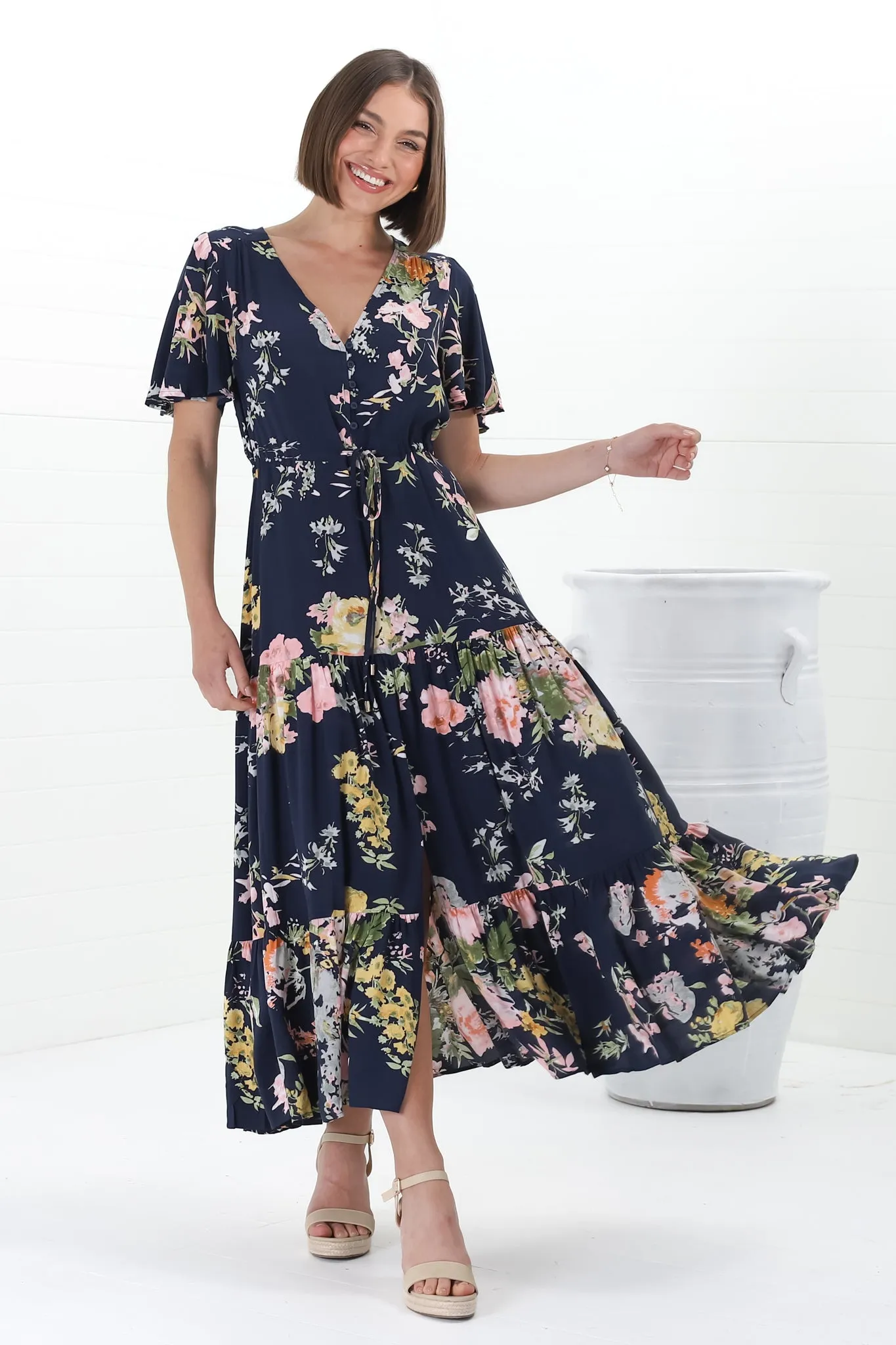 Anya Maxi Dress - Flutter Cap Sleeve Pull Tie Waist Dress in Lidye Print sold by Salty Crush