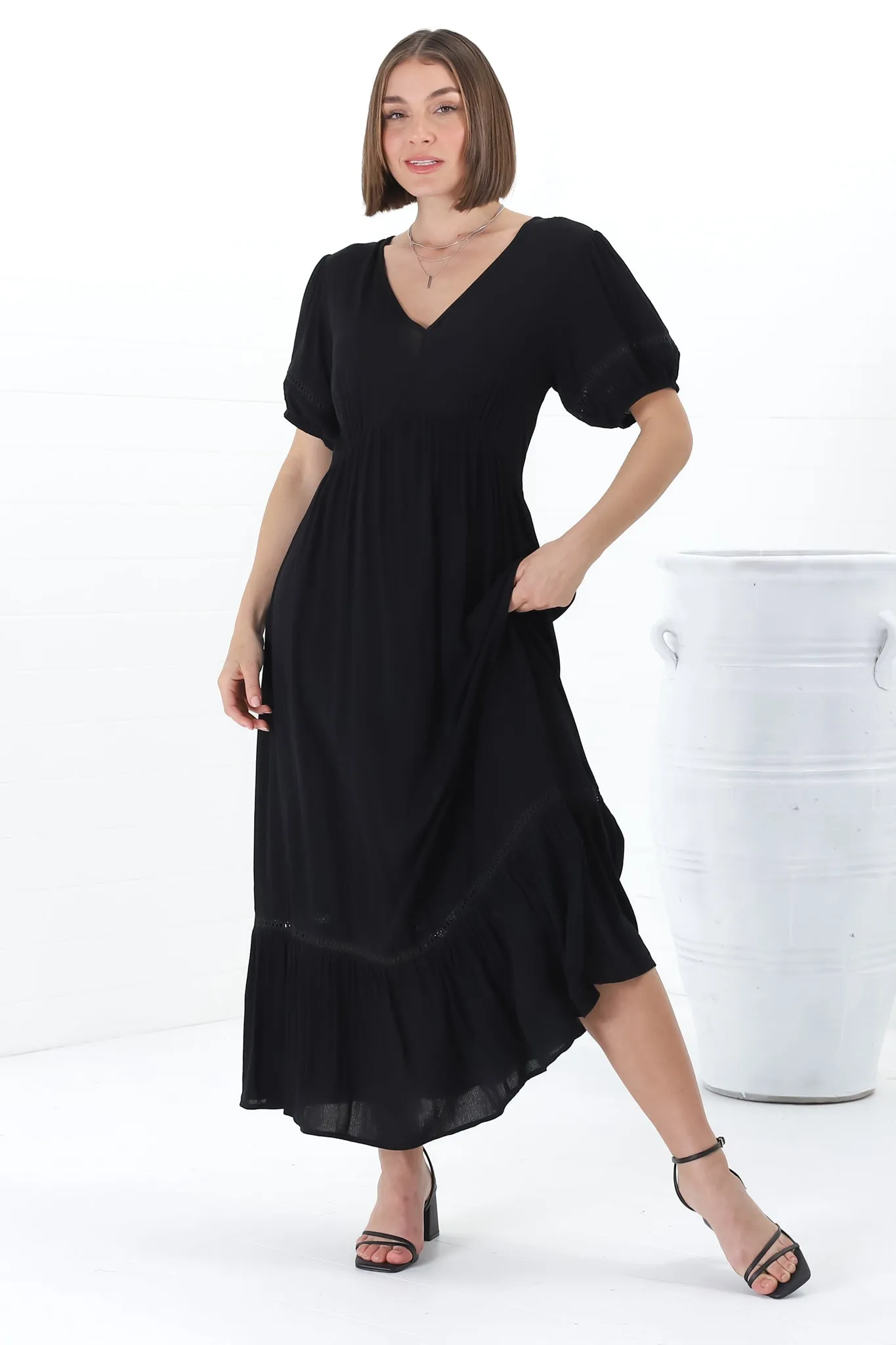 Marin Midi Dress - Hollow-Out Lace Detailed Empire Waist Line Dress in Black sold by Salty Crush product image thumbnail 4