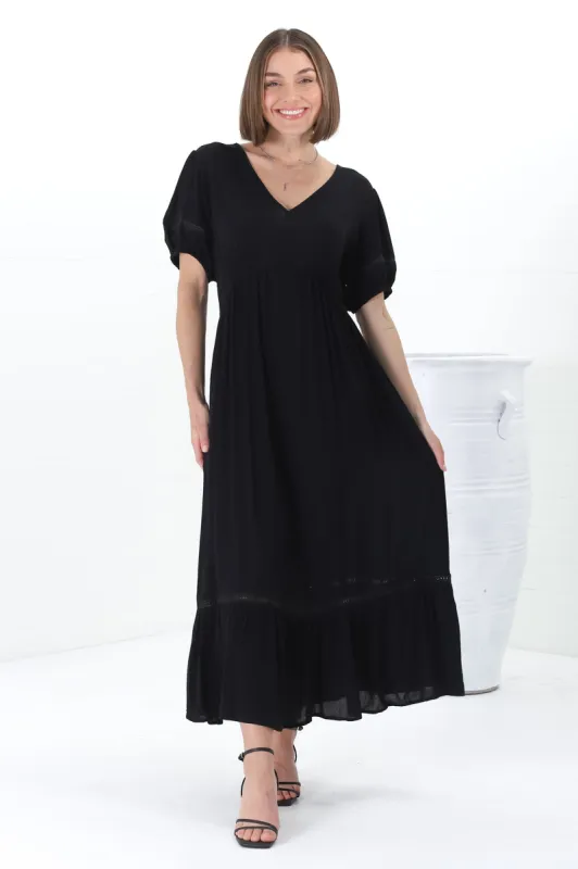 Marin Midi Dress - Hollow-Out Lace Detailed Empire Waist Line Dress in Black sold by Salty Crush