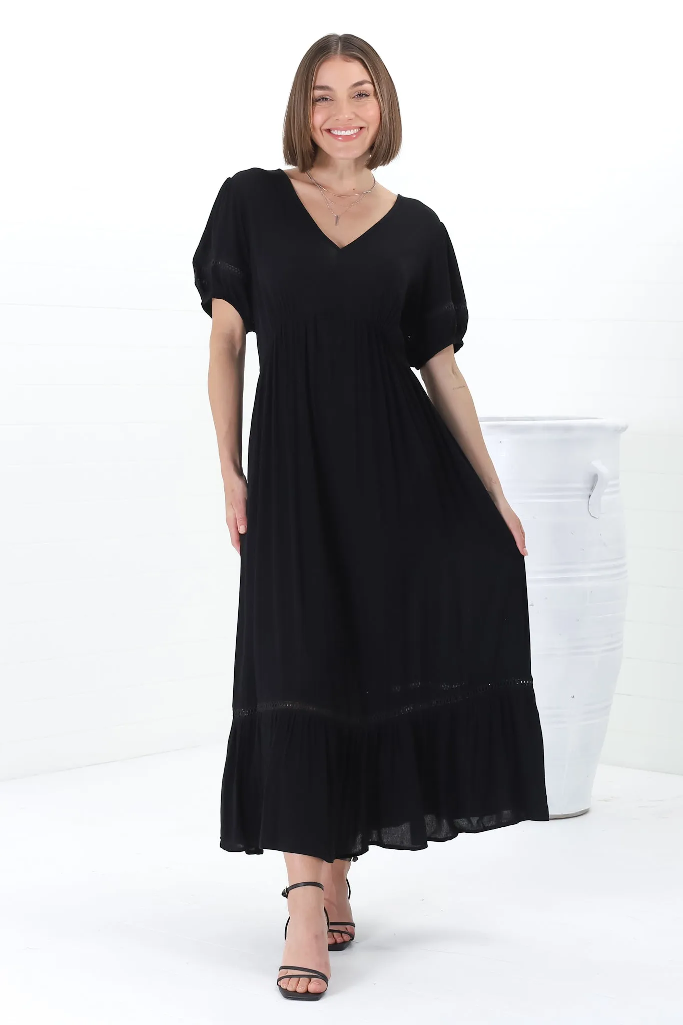 Marin Midi Dress - Hollow-Out Lace Detailed Empire Waist Line Dress in Black sold by Salty Crush