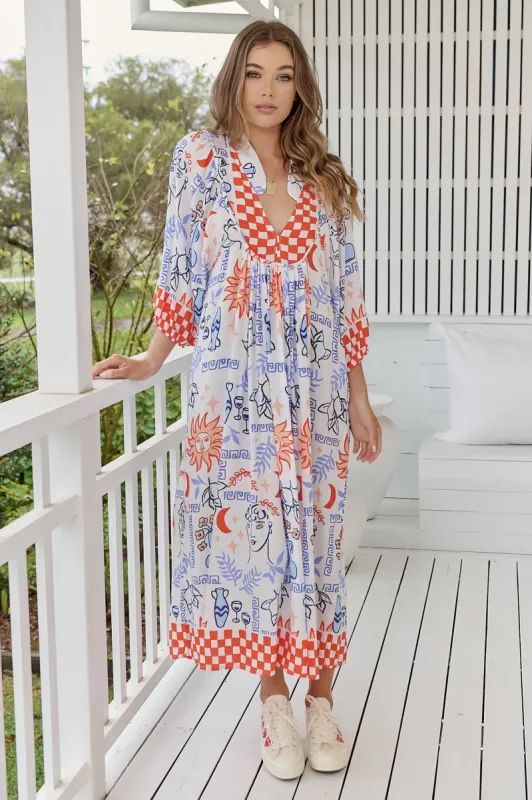 JAASE - Boheme Midi Dress: Piping Defined Bust Slimline Smock Dress in Symi Print sold by Salty Crush