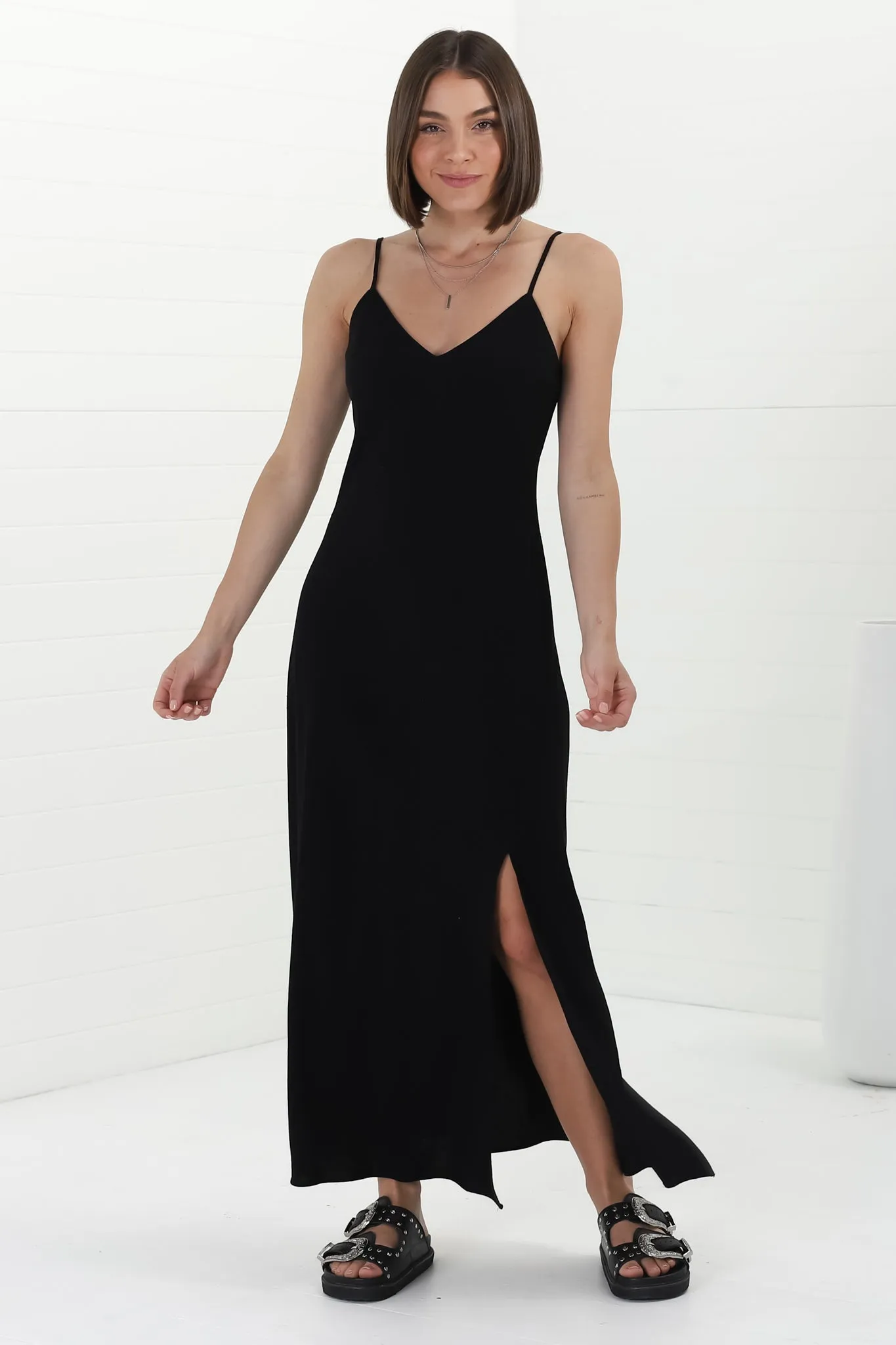 Elio Maxi Dress - Spaghetti Strap A Line Slip Dress in Black sold by Salty Crush