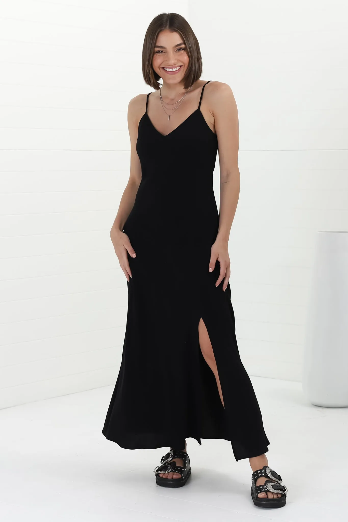 Elio Maxi Dress - Spaghetti Strap A Line Slip Dress in Black sold by Salty Crush product image thumbnail 4