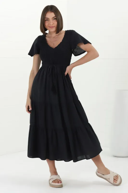 Alyse Midi Dress - Shirred Bodice Cap Sleeve Dress with Pull Tie Waist in Black sold by Salty Crush