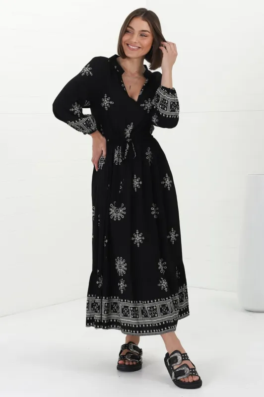 Sullivan Midi Dress - Mandarin Collar 3/4 Sleeve Dress with Pull Tie Waist in Lula Print Black sold by Salty Crush
