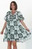 Abilia Mini Dress - Mandarin Collar Buttoned Bodice Smock Dress in Layah Print Green sold by Salty Crush