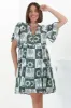 Abilia Mini Dress - Mandarin Collar Buttoned Bodice Smock Dress in Layah Print Green sold by Salty Crush