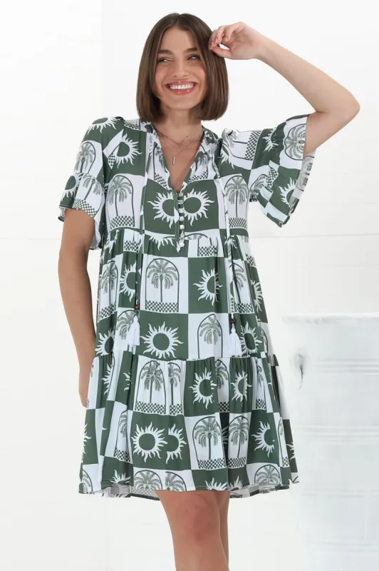 Abilia Mini Dress - Mandarin Collar Buttoned Bodice Smock Dress in Layah Print Green sold by Salty Crush