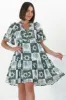 Abilia Mini Dress - Mandarin Collar Buttoned Bodice Smock Dress in Layah Print Green sold by Salty Crush