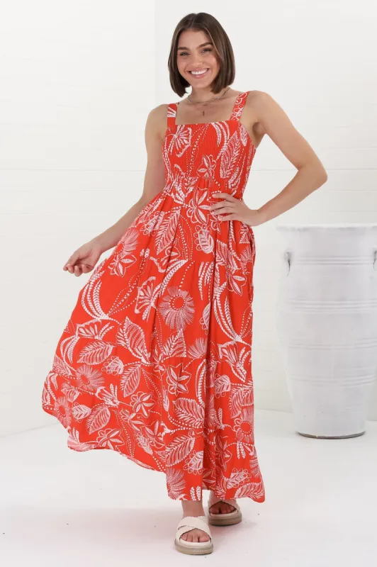 Loretta Maxi Dress - Elasticated Bodice Sun Dress in Havanna Print Red sold by Salty Crush