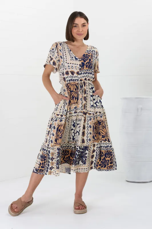 Marly Midi Dress - A Line Dress with Cap Sleeves and Rick Rack Splicing Alphy Print sold by Salty Crush