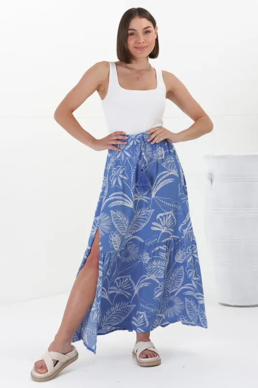 Hellen Maxi Skirt - High Waisted Skirt with Front Splits in Havanna Print Blue sold by Salty Crush