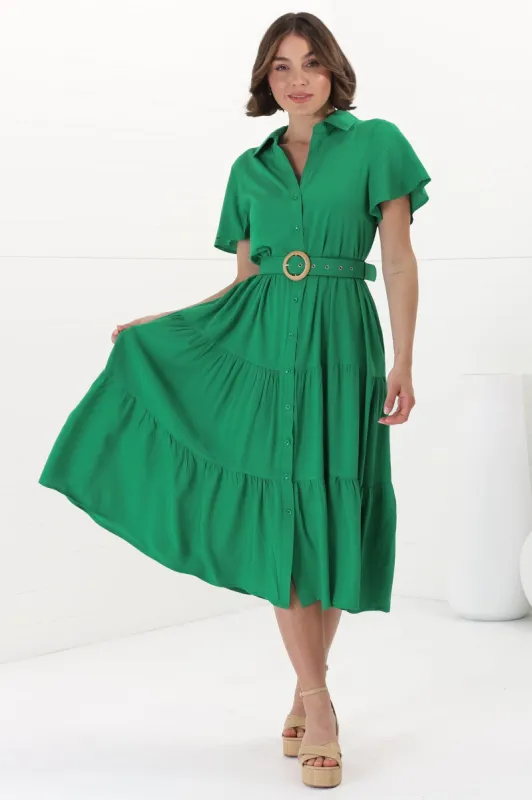 Belle Midi Dress - Button Down Collared Dress With Statement Belt In Green sold by Salty Crush