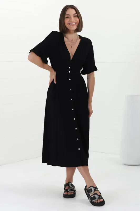 Rizelda Midi Dress - V Neck Button Through Dress with Bell Sleeves in Black sold by Salty Crush